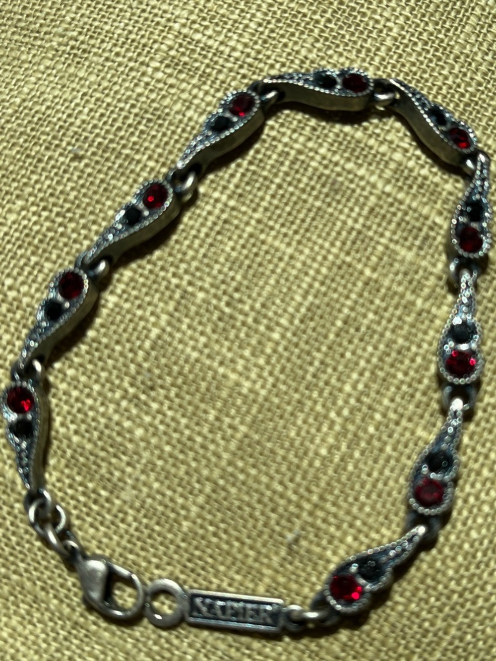 Napier Pewter Bracelet Faceted Manmade Ruby & Marcasite Accents
